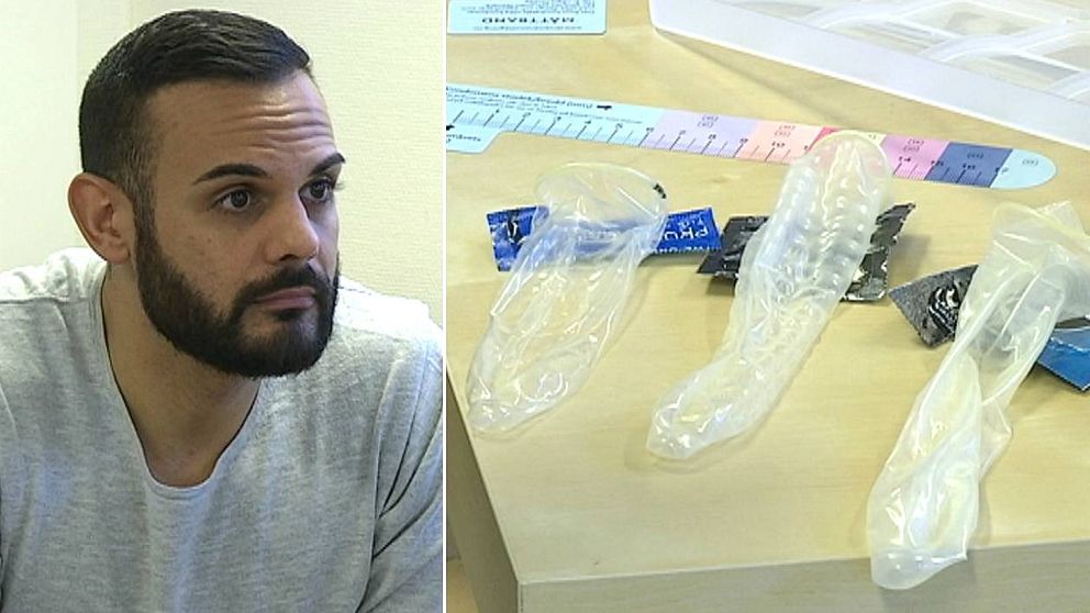 Sjuksköterskan Matias Garzon till vänster, tre kondomer till höger.