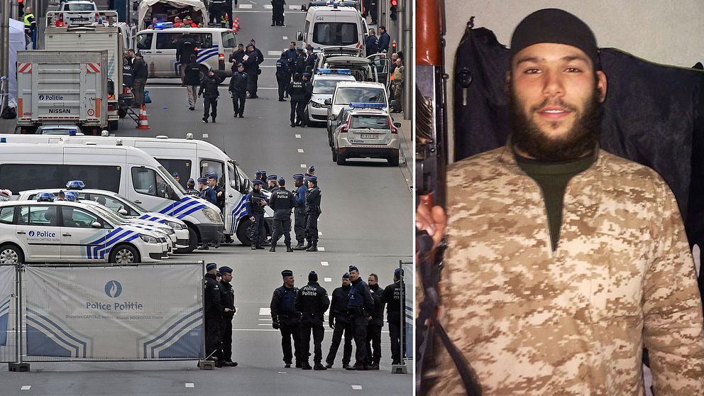 Poliser vid tunnelbanestationen Maelbeek efter terrordådet och en bild på svenske Osama Krayem