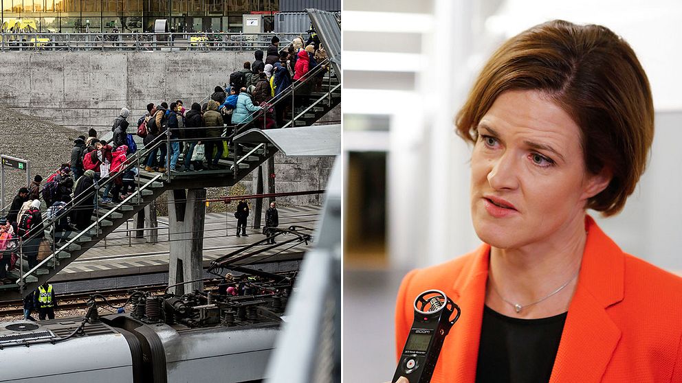 En kö av ankommande flyktingar vid Hyllie station utanför Malmö i november. Till vänster en bild på Anna Kinberg Batra