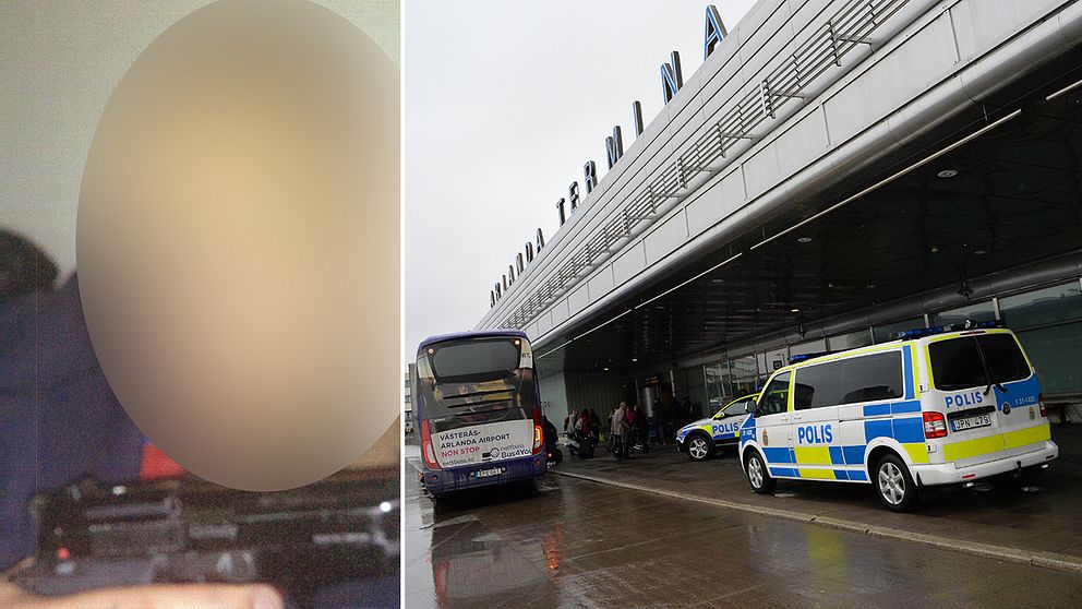 Delad bild med den misstänkte mannen (blurrat ansikte) och Arlanda.