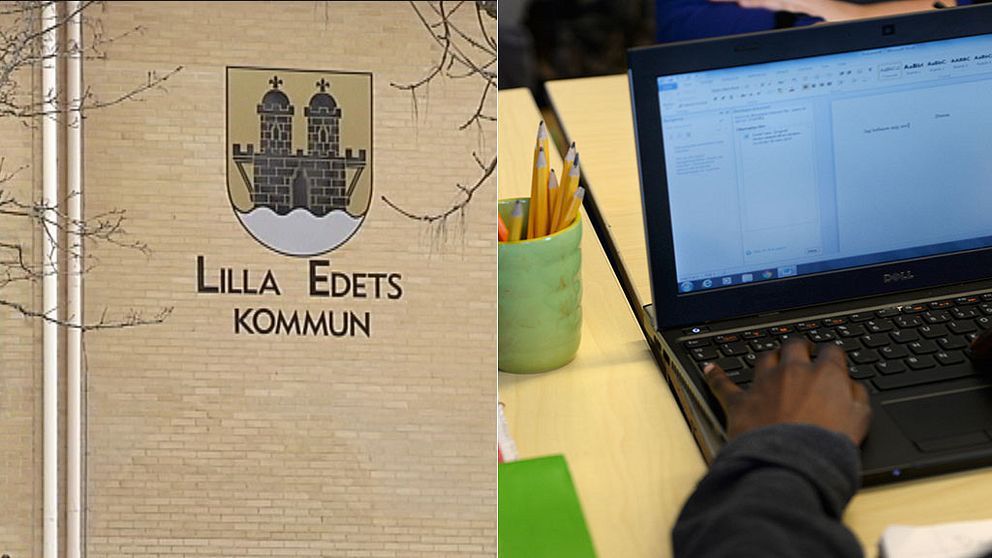 Lilla Edets kommunhus och en elev vid en dator