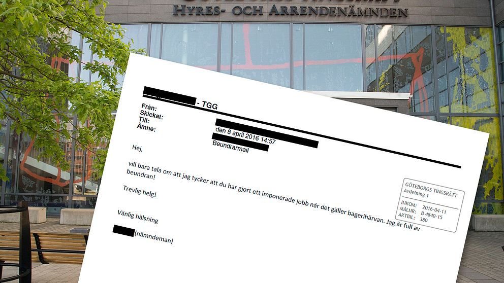 Skärmdump på brevet. I bakgrunden syns Göteborgs tingsrätt.
