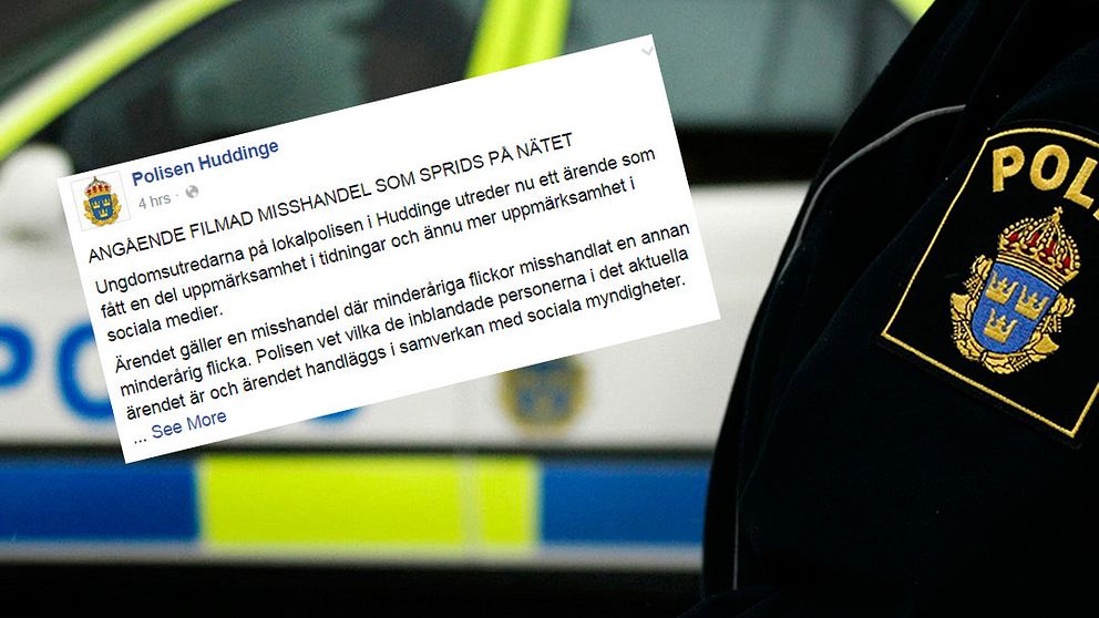En polisbil i förgrunden och ett meddelande från Polisen i Huddinges Facebook-grupp infälld.
