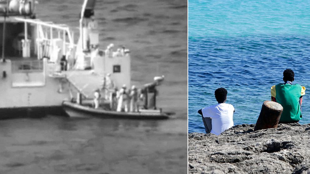 Italienska kustbevakningen i sökningsarbetet efter den flyktingbåt, med cirka 600 flyktingar ombord, som förliste på medelhavet den 18 april 2015.