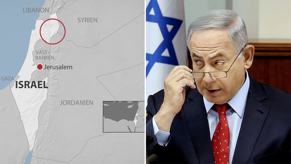 Röd cirkel anger ungefärlig plats för Golanhöjderna. Israels premiärminister Benjamin Netanyahu.