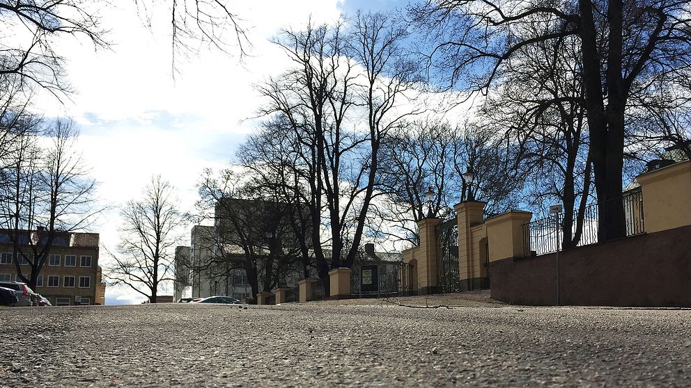 parkering med träd och slottets staket