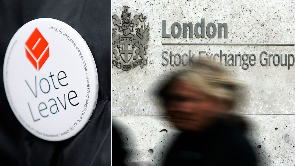 En knapp som stöder Brexit och en fasadbild på Londonbörsen.