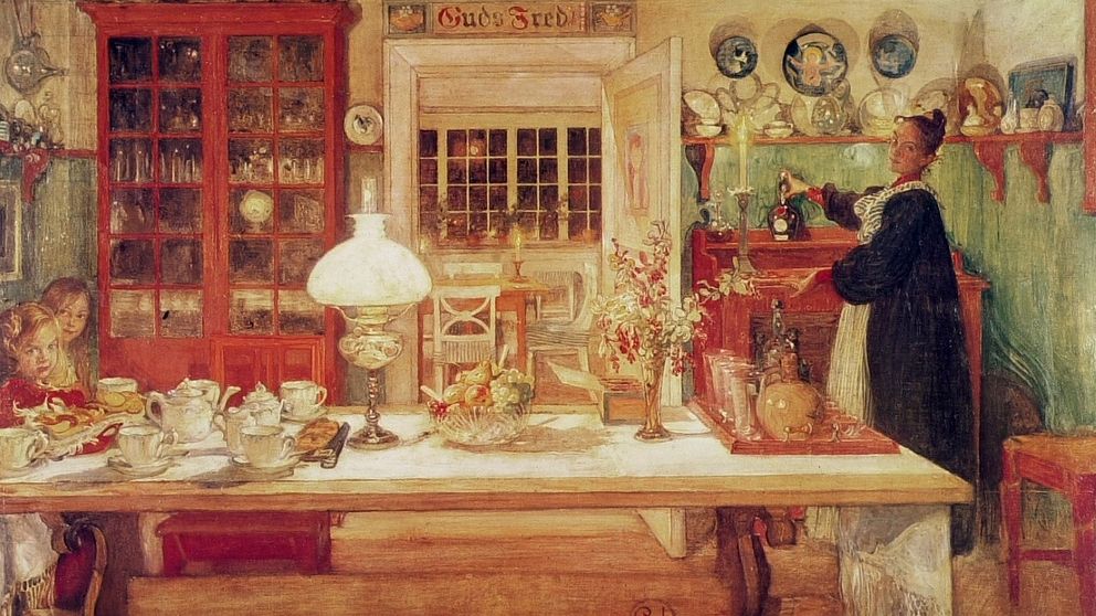 Målning av matsalen i Carl Larsson-gåren.