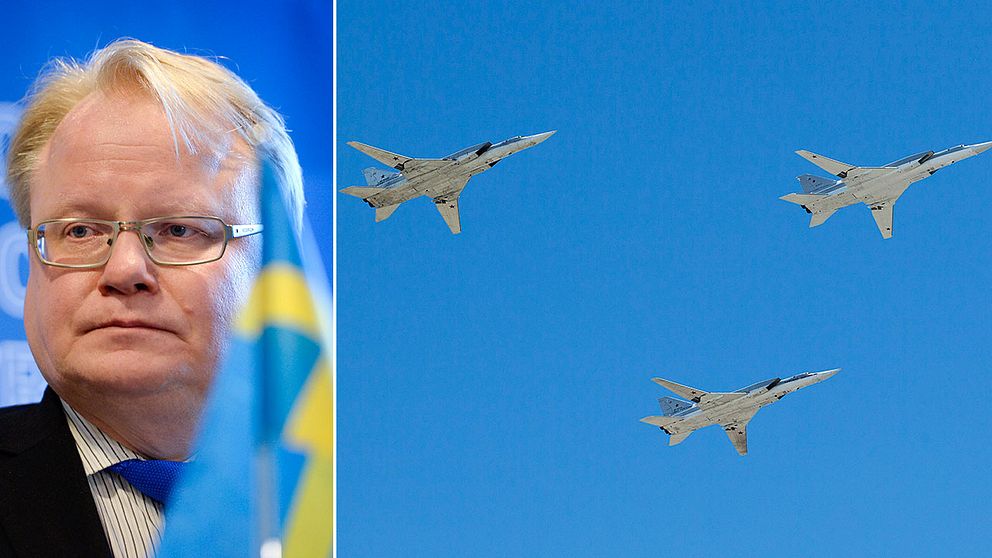 En bild på Peter Hultqvist och en bild på ryska Tu-22M3-plan.