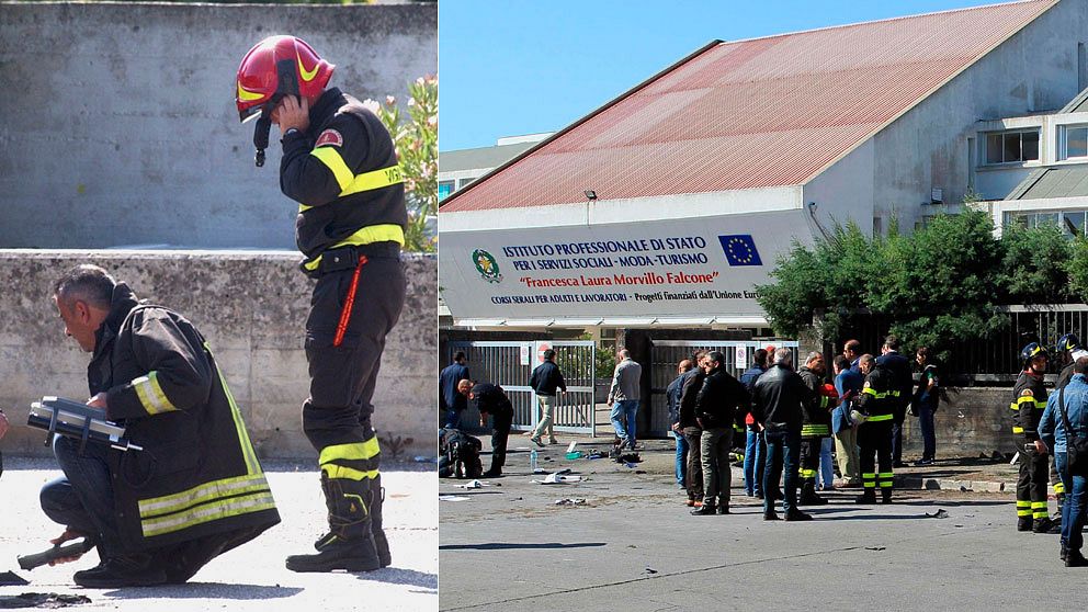 Italienska poliser undersöker fragment efter explosionerna.