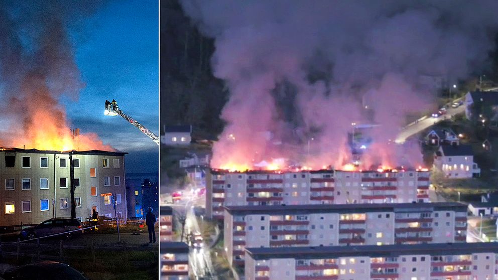 Drönarbilder över Nygatan i Huskvarna visar brandens omfattning.