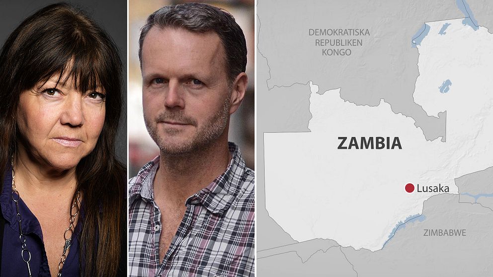 SVT-journalisterna Sophia Djiobaridis och Åke Wehrling och en karta på Zambia.