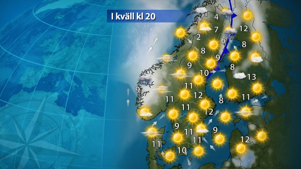 I kväll: Uppehåll. Till kvällen har det mesta av regnet i norr dragit bort österut och det blir en klar och fin kväll i hela landet. Till natten sjunker temperaturerna återigen och det finns risk för frost en bra bit ner i Svealands och Götalands inland.