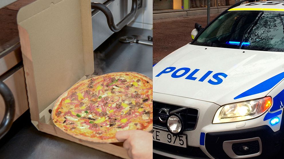 En bild på en pizza och en polisbil.