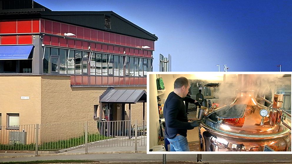 Montage av Gamla hamnterminalen i Visby och en öltank på bryggeri.