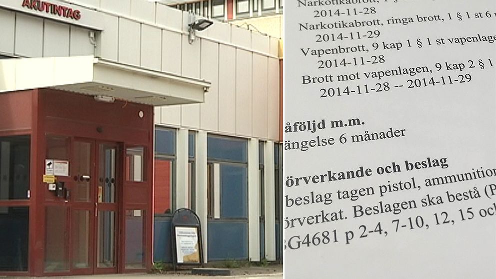 Montage. Bild till vänster: entrén till akutmottagningen i Eskilstuna. Bild till höger: bild på tingsrättsdom.