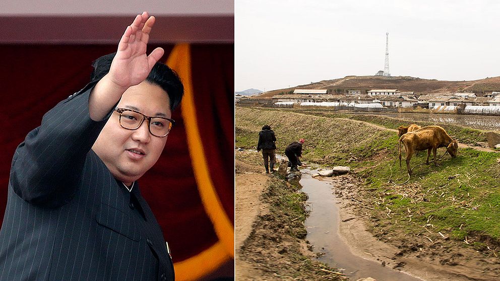 Nordkoreas ledare Kim Jong Un och nordkoreaner på landsbygden som står på en förstörd åker.