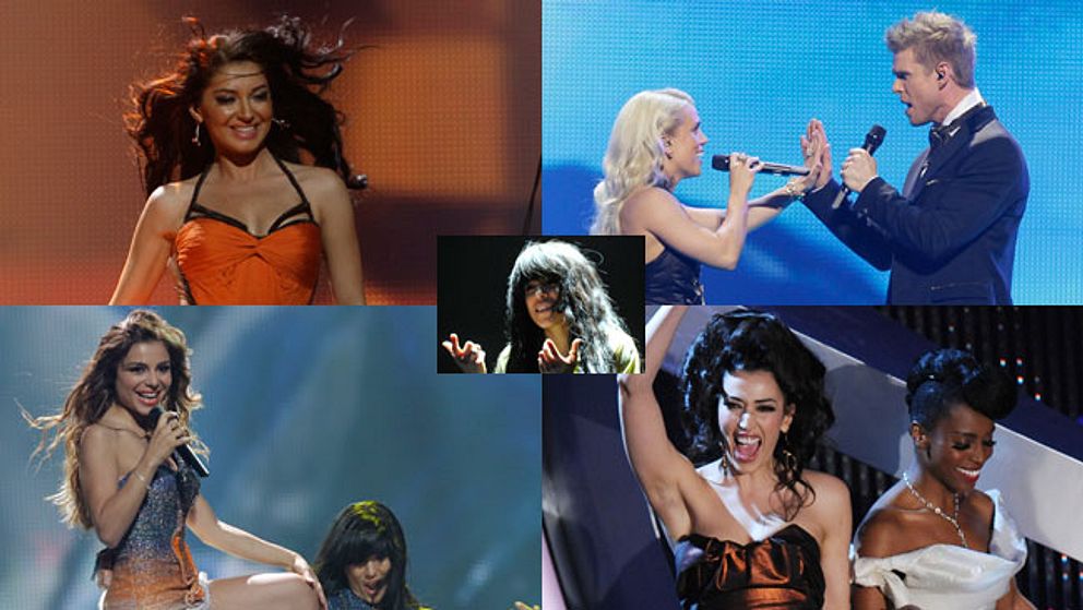 Favorittippade i Eurovision Song Contest 2012: Rumäniens Mandinga, Greta Salome och Jonsi från Island, Eleftheria Eleftheriou från Grekland och Italiens Nina Zilli, med svenska Loreen i mitten.