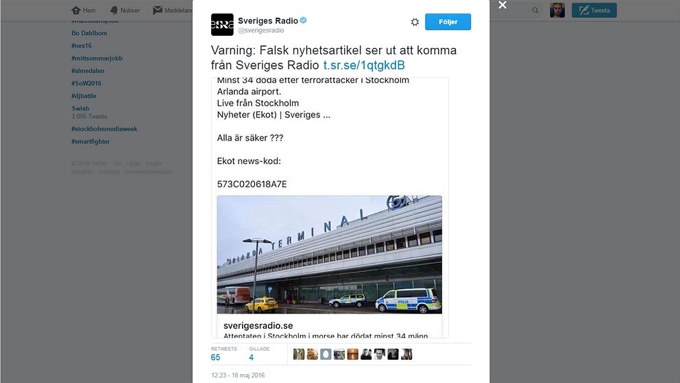 Sveriges Radio dementerar inlägget.