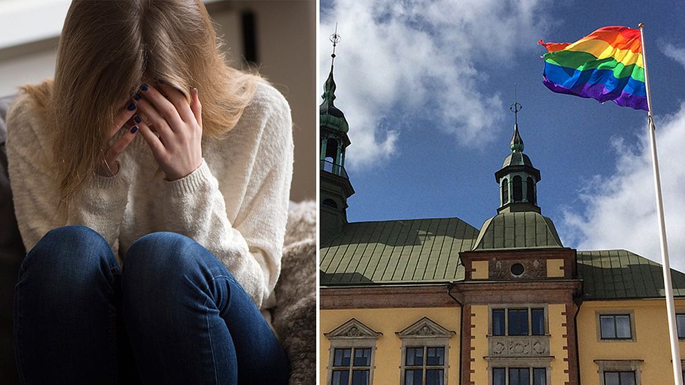Montage: Ledsen flicka till vänster, och prideflagga vid stadshuset i Eskilstuna till höger.