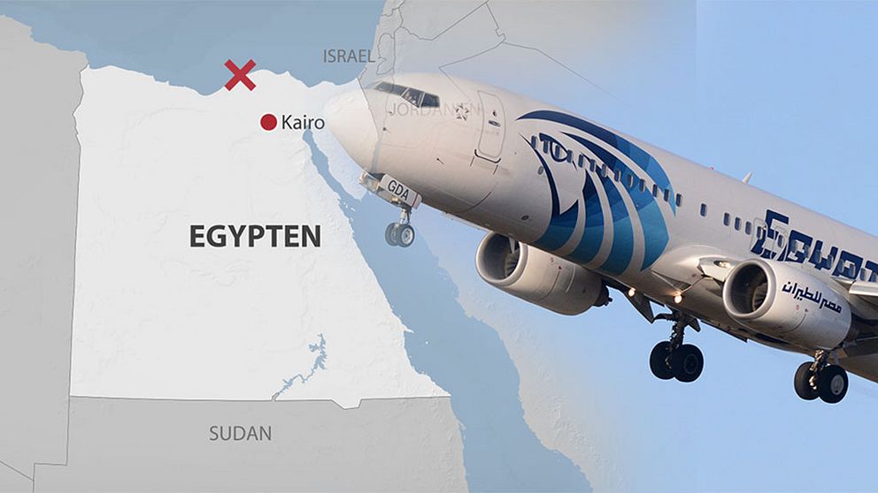 Karta över Egypten med trolig nedslagsplats utmärkt, och ett flygplan från Egypt Air