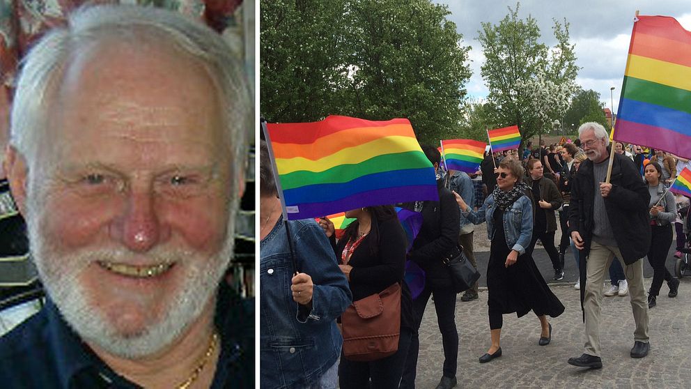 Kyrkopolitikern Bruno Edgarsson i Ljungby och bild på pridetåget genom Växjö