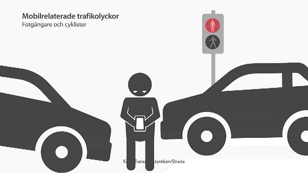 Illustrerad bild fär en person som kollar på sin mobil går mot rött och blir påkörd av bilar.