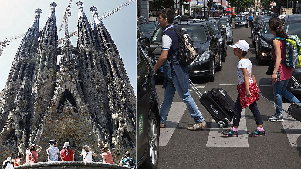 Turister i Barcelona och i Paris.