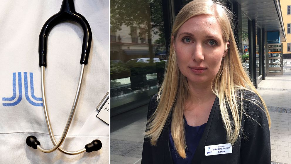 Stetoskop och Joanna Strömberg Johnson, ordförande i SYLF Stockholm.