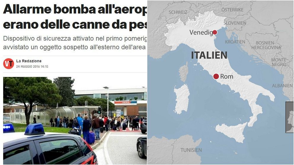 Tidningsklipp från Venezia Today. Karta över Italien.