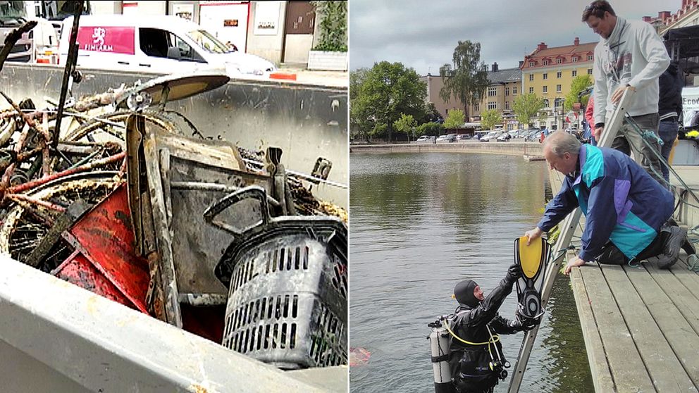 Dykare har hittat skräp på sjöbotten i centrala Södertälje.