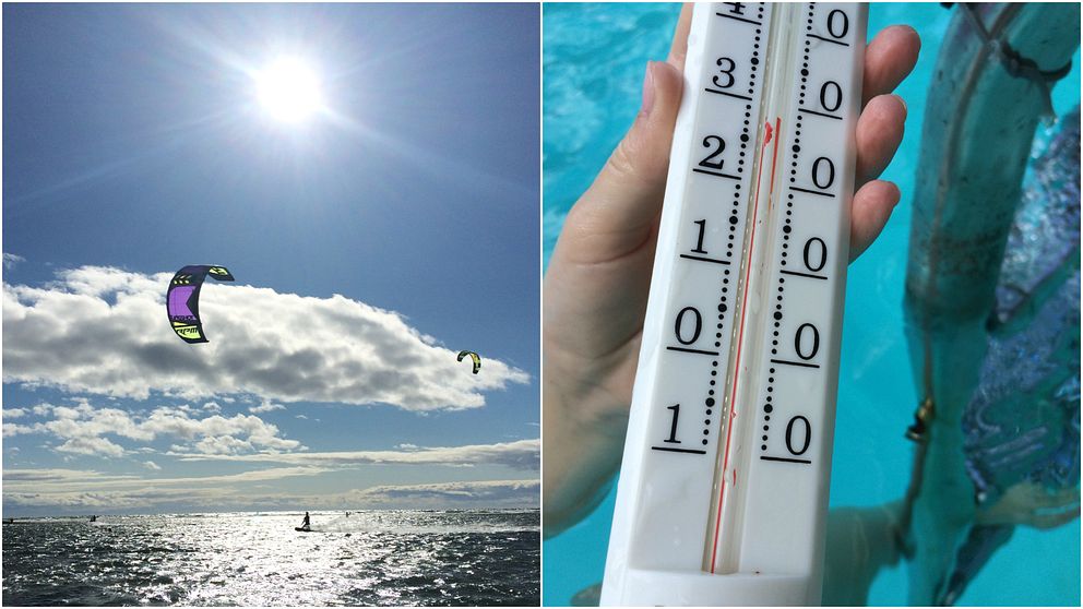 Kitesurfare i havet utanför Tofta strand på Gotland och en termometer som visar på 29 grader.