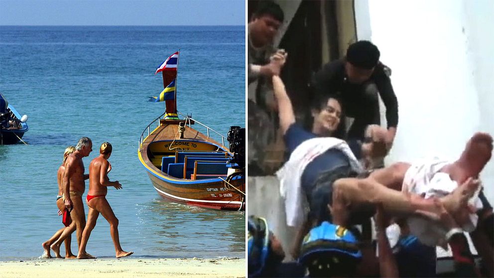 Strand i Thailand och bild på skadad turist.