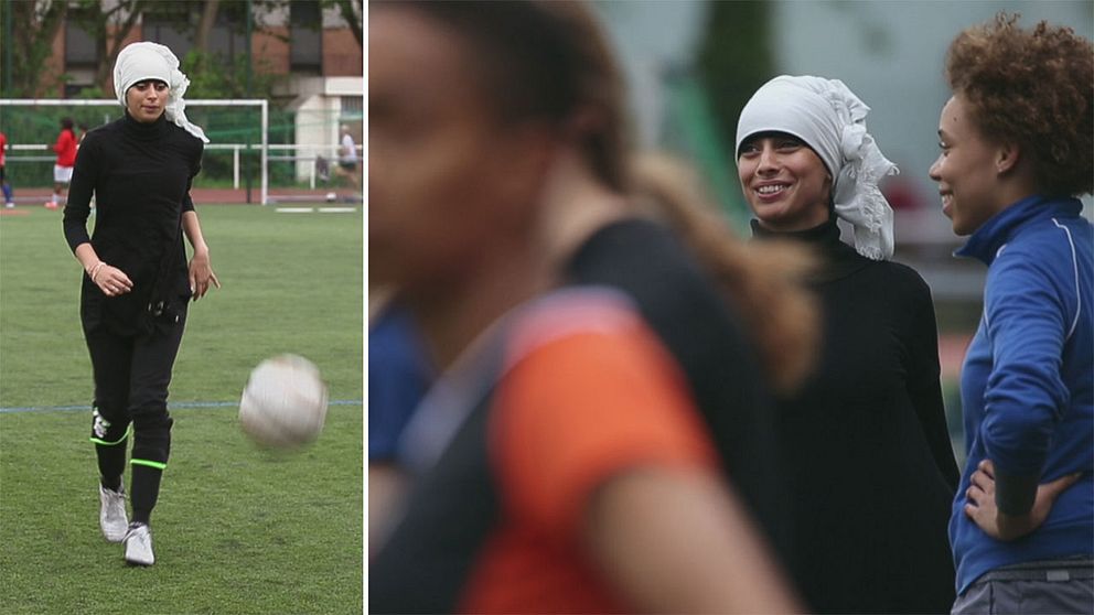 Kvinna som spelar fotboll i slöja.