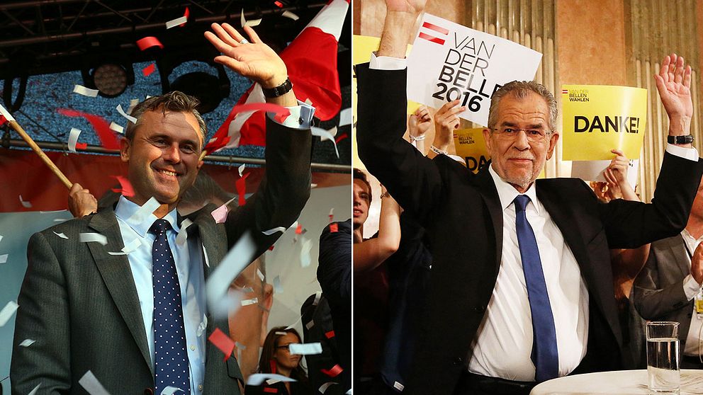 Alexander Van der Bellen, till höger i bild, vann presidentvalet Men nu överklagar högerpopulistiska partiet FPÖ resultatet. Till vänster i bild FPÖ:s kandidat.