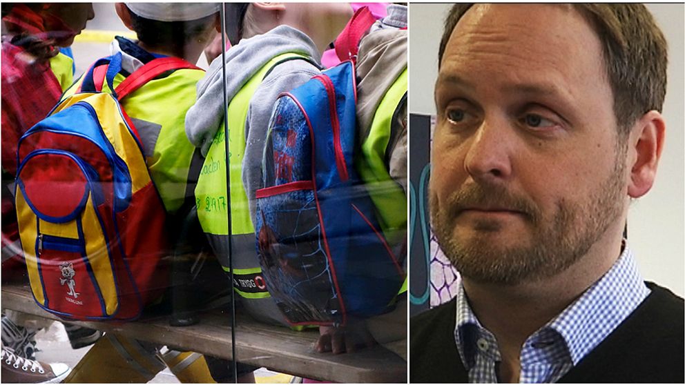 Montage: Förskolebarn som sitter på rad och Jörgen Berglund (M)