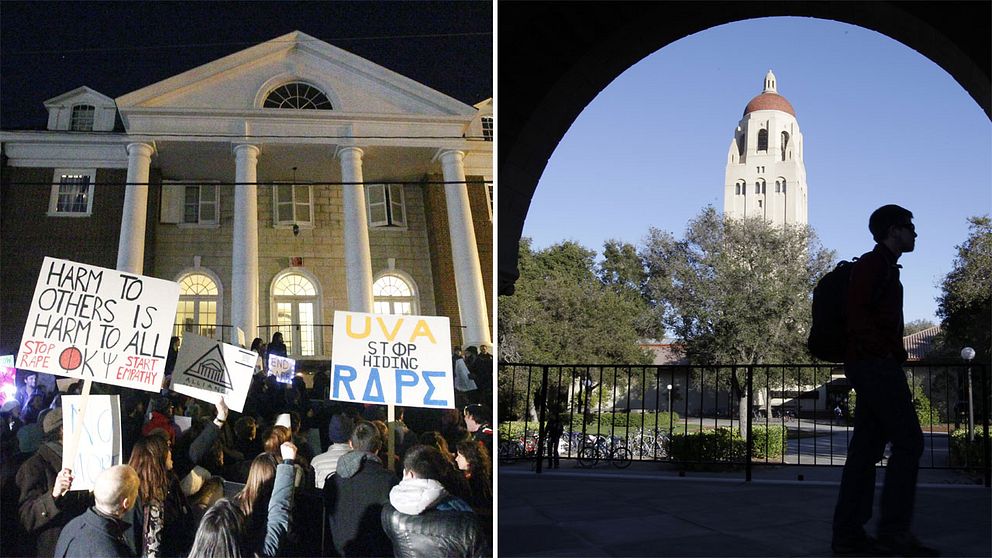 Protester vid ett uppmärksaammat våldtäktsfall vid University of Virginia 2014 samt bild från University of Stanford.