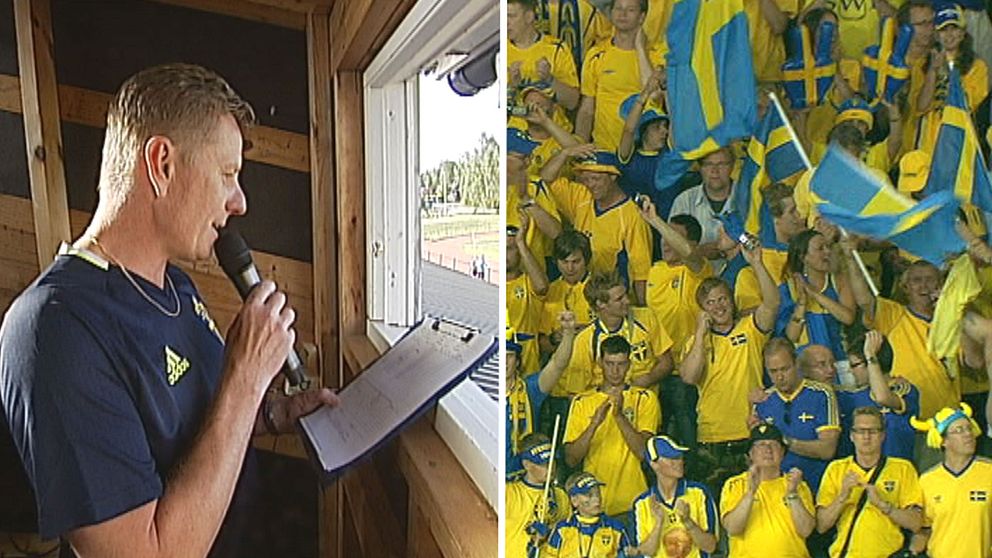 Montage: Niclas Leo teamspeaker för Sverige på fotbolls-EM i Paris mot bakgrund av svenska supporters från tidigare tillfälle.
