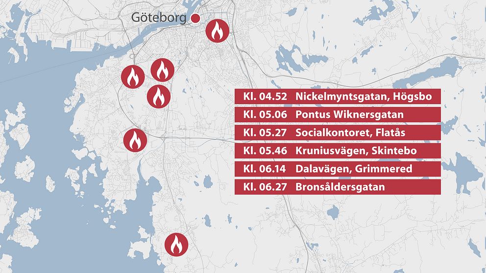 Karta över morgonens misstänkt anlagda bränder i Göteborg