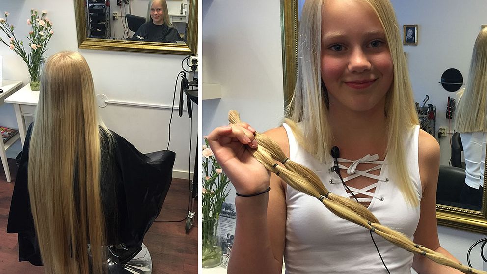 Elin Karlsson hade över en meter långt hår. Nu har hon klippt sig och valt att skänka bort håret till peruktillverkning.