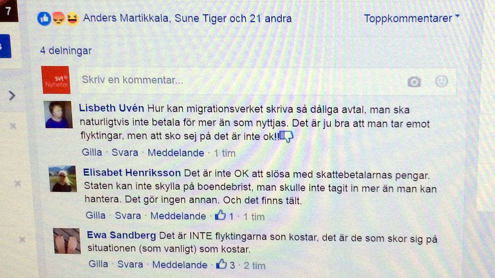 Bild från facebook på tittarreaktioner på SVT Norrbottens granskning