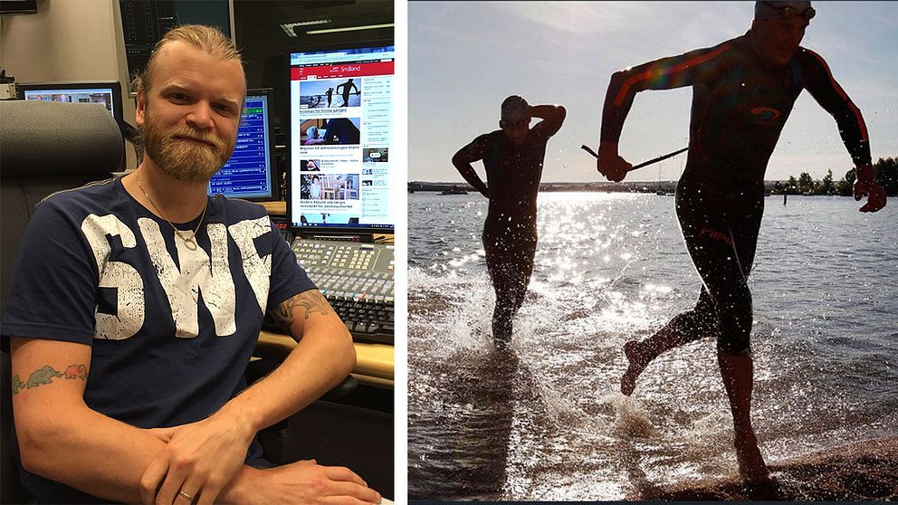 SVT Nyheter Smålands redaktör Erik Nielsen och bild på simmare på väg upp ur vattnet under Ironman.