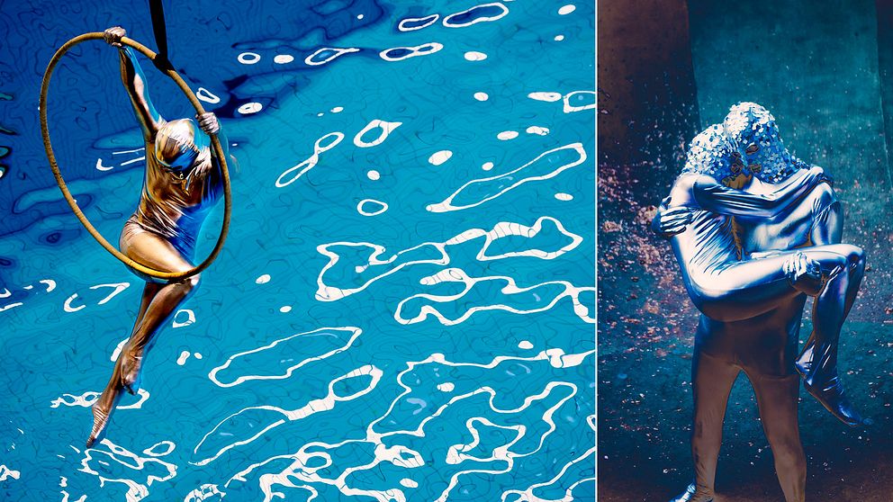Konstsimmare iklädd en gulddräkt hänger i en rockring ovanför en pool.