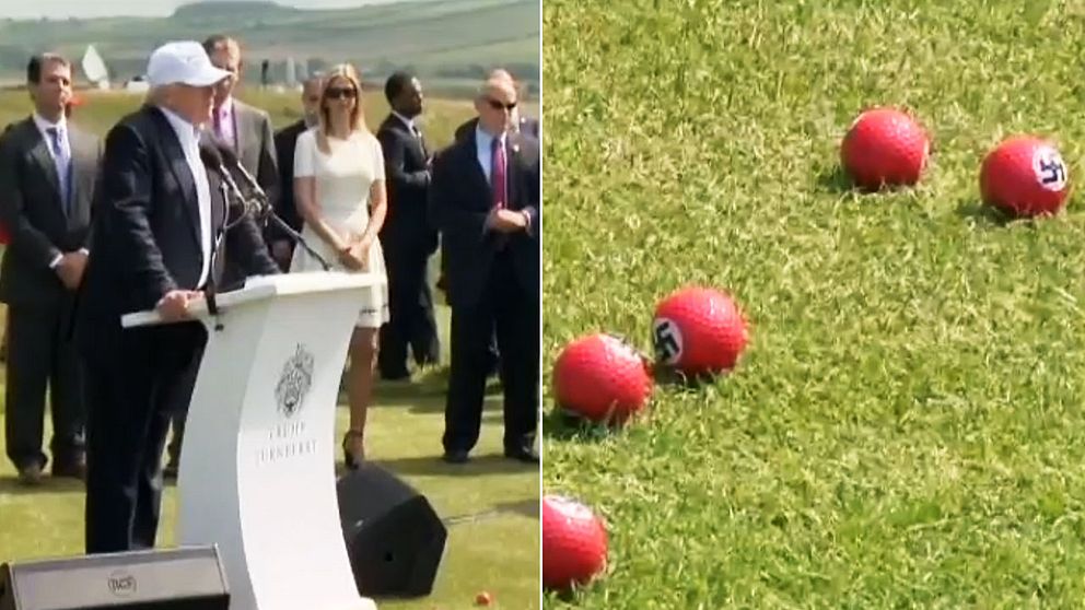 Se golfbollsprotesten till Trump – kastade hakkorsbollar