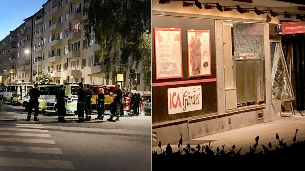 Polis på plats vid Ica-butiken på Gärdet efter den så kallade smash and grab-kupp, där en bil körde rakt in i butikslokalen, som ägde rum på lördagskvällen.