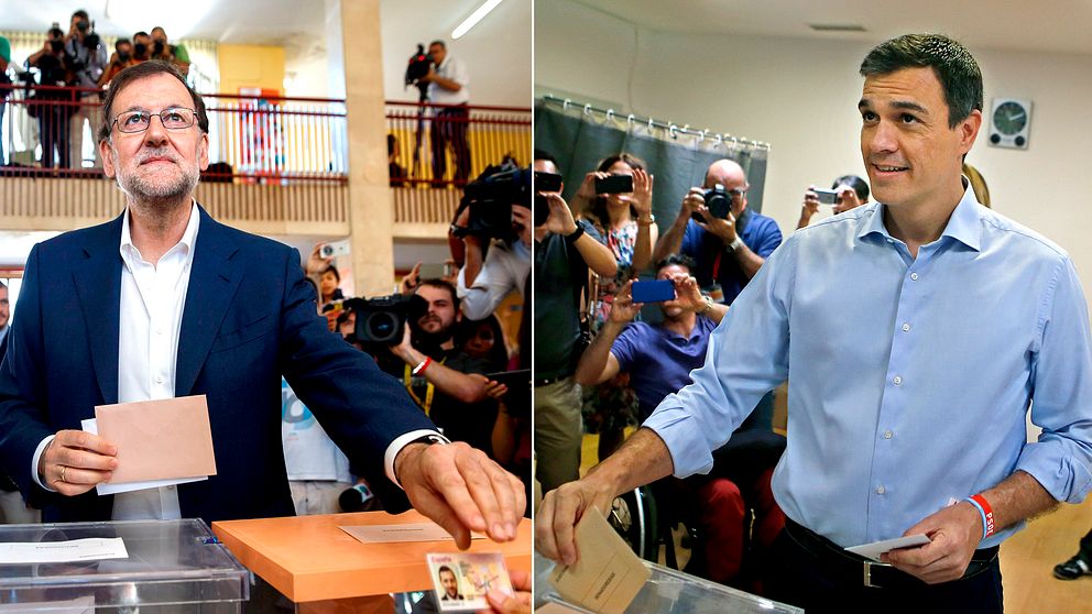 Ledaren för Partido popular, Mariano Rajoy (till vänster), fick inte tillräckligt med röster i det spanska valet för att på egen hand bilda regering – den enda möjligheten är isåfall en koalition med den store antagonisten, Pedro Sanchéz som är partiledare för socialisterna i PSOE.