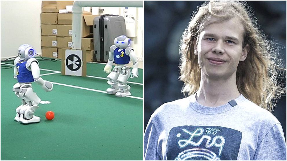 Robotar som spelar fotboll samt Fredrik Löfgren från Linköpings Universitet som deltar i Robot-VM.