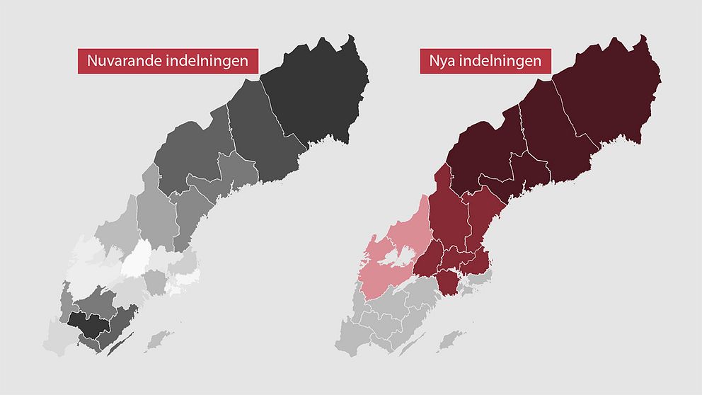 Två kartor av sverige före och efter nya regionindelningen