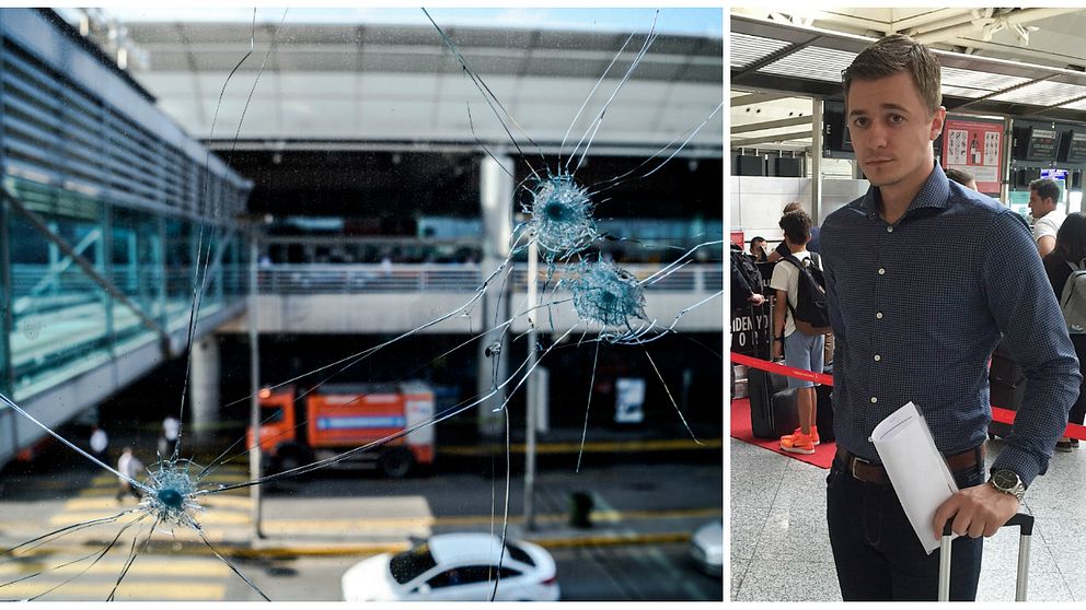 I vänstra bilden sysn skotthål i en glasruta på Istanbuls flygplats och till höger syns Hans Engqvist inne på flygplatsen.