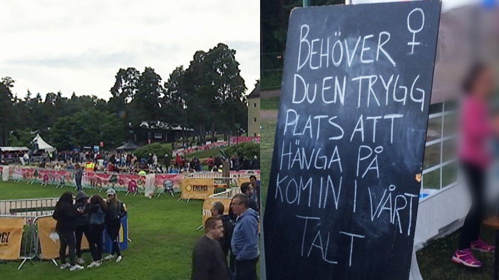 Putte i parken festivalområde och en skylt från Tjejjourens tält på området.